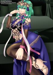 1girls alternate_costume aramyx ass bed bedroom bedroom_eyes big_ass braid breasts byleth_(fire_emblem) byleth_(fire_emblem)_(female) cleavage cosplay dress female female_only fire_emblem fire_emblem:_three_houses fire_emblem_heroes green_eyes green_hair high_heels large_breasts looking_at_viewer medium_hair nintendo official_alternate_costume on_bed pantyhose skin_tight solo sothis_(fire_emblem)_(cosplay) thick_thighs thighs tight_clothing twin_braids