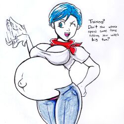 1girls belly big_belly big_breasts blue_hair breasts bulma_briefs cleavage dragon_ball dragon_ball_z female nasuokaa-san pregnant traditional_media_(artwork)