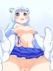 animal_humanoid areola armwear big_breasts blue_eyes blue_hair blush breasts censored clothed clothing elbow_gloves exposed_breasts female first_person_view genitals gloves hair handwear happy hi_res huge_breasts humanoid long_hair mammal mammal_humanoid navel nipples partially_clothed pussy sanrio show_by_rock!! simple_background solo takano_natsuki tsukino_(show_by_rock!!) ursid ursid_humanoid