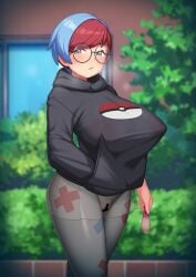 1girls alternate_body_type alternate_breast_size big_breasts blush boobs breasts busty cameltoe censor_bar censored clothed_after_sex curvaceous curvy curvy_body curvy_female curvy_figure ebifurai eye_contact female female_focus female_only filled_condom fully_clothed game_freak glasses huge_breasts implied_after_sex large_breasts looking_at_viewer nintendo pants penny_(pokemon) pokemon pokemon_(game) pokemon_sv round_glasses short_hair solo solo_female solo_focus steam steaming_body team_star thick_thighs thighs tight_pants two_tone_hair used_condom voluptuous
