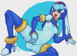 1girls android ass blue_eyes blue_footwear blue_hair blue_sleeves blush boots breasts clothes_lift darth_dickingson detached_sleeves fairy_leviathan female female_masturbation heart heart-shaped_pupils highres lying masturbation mega_man mega_man_zero navel nipples on_back open_mouth pussy pussy_juice rcake red_pupils ricocake shirt_lift solo speed_lines spread_legs symbol-shaped_pupils thigh_boots tongue tongue_out