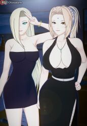 2girls age_difference alternate_hairstyle big_breasts blonde_hair blue_eyes breasts brown_eyes busty cleavage dress earrings female female_only highres huge_breasts ino_yamanaka jewelry koikatsu large_breasts lipstick makeup mature mature_female milf multiple_girls naruto naruto:_the_last naruto_(series) naruto_shippuden no_bra otsukira revealing_clothes smile teacher_and_student tsunade voluptuous