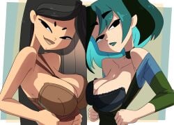 2girls alternate_version_available bedroom_eyes big_breasts blue_hair blue_lipstick bra breasts brunette cleavage clothed clothed_female clothes clothing color colored coolerinker dark_hair deep_cleavage duo duo_focus exposed_shoulders exposing exposing_chest exposing_self eye_contact female female_focus female_only goth goth_girl gwen_(tdi) hair heather_(tdi) hi_res high_resolution highres human human_only inker_comics inkershike large_breasts light-skinned_female light_skin lips lipstick long_hair looking_at_viewer medium_hair multicolored_hair pulling_down_shirt removing_clothing removing_shirt shirt shirt_down shirt_pull smile smiling smiling_at_viewer smirk smirking smirking_at_viewer total_drama_island unamused underwear