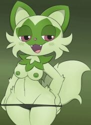 animated anthro areola breasts clothed clothing female green_areola green_body green_nipples nintendo nipples partially_clothed pokémon_(species) pokémorph pokemon pokemon_sv solo sprigatito thick_thighs underwear underwear_down underwear_only video_games zinzoa