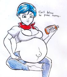 1girls belly big_belly big_breasts blue_hair breasts bulma_briefs cleavage dragon_ball dragon_ball_z female nasuokaa-san pregnant traditional_media_(artwork)