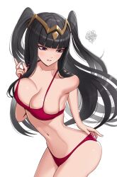 1girls alternate_costume annoyed bangs bikini black_hair blunt_bangs breasts cleavage commentary embarrassed female female_only fire_emblem fire_emblem_awakening frown gonzarez highres large_breasts long_hair navel red_bikini red_swimsuit solo swimsuit tharja_(fire_emblem) tharja_(summer)_(fire_emblem) tiara