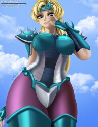 aramyx armor big_breasts blonde_hair chameleon_june huge_breasts low_angle saint_seiya skin_tight tight_clothing tight_fit wide_hips