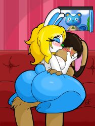 animal_crossing anthro ass blonde_hair blue_body bodily_fluids bomba_world12 brown_body bubble_butt butt_grab crying duo fan_character female filbert_(animal_crossing) francine_(animal_crossing) hair hand_on_butt hi_res kissing lagomorph leporid male male/female mammal nintendo rabbit romantic romantic_couple romantic_sex tears tears_of_joy video_games white_body