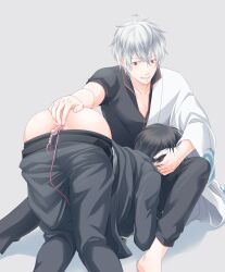 2boys anal_beads anal_fingering anal_insertion anal_juice bare_ass bent_over black_hair blush fellatio fingering gay gintama gintoki_sakata hadanugi_dousa hand_on_another's_head hijikata_toshiro implied_oral kimono konikou_(konico) male male_only off_shoulder oral pants_down police police_officer police_uniform sex_toy shinsengumi_(gintama) silver_hair smile uniform vibrator vibrator_cord vibrator_in_ass yaoi