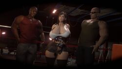 1girls 2boys 3d areolae bald bare_shoulders black_gloves brick_render clothed clothing curvaceous curves curvy dark-skinned_male erect_nipples female final_fantasy final_fantasy_vii highres huge_breasts human interracial large_breasts muscular_male square_enix tifa_lockhart