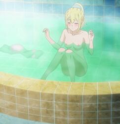 aiz_wallenstein bath bathing bathroom blonde_hair blush breasts closed_eyes dimples_of_venus dungeon_ni_deai_wo_motomeru_no_wa_machigatteiru_darou_ka female highres long_hair navel nipples non-web_source ponytail sitting towel