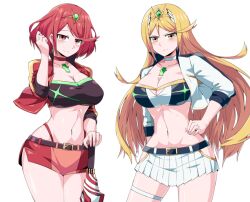 2girls belt beltskirt blonde_hair breasts choker core_crystal crop_top cropped_jacket earrings hand_on_hip highleg_panties jacket large_breasts long_hair looking_at_viewer midriff miniskirt mythra navel nintendo pyra race_queen red_eyes red_hair red_jacket red_skirt short_hair suzusiigasuki thigh_strap tiara umbrella white_jacket white_skirt xenoblade_(series) xenoblade_chronicles_2 yellow_eyes