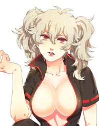 big_breasts cleavage curly_hair eyeshadow female female_only genderswap_(mtf) gintama gintoki_sakata hair_between_eyes looking_at_viewer makeup messy_hair no_bra open_shirt paako popped_collar red_eyes rule_63 silver_hair solo twintails upper_body