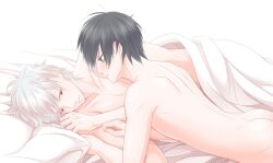 2boys after_sex annoyed black_hair blanket blush completely_nude gay gintama gintoki_sakata hijikata_toshiro in_bed konikou_(konico) looking_at_viewer male male_only nude on_bed on_side red_eyes silver_hair smile twink yaoi