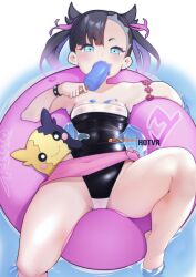 1girls 2020s 2022 black_hair female female_only floatie food generation_8_pokemon gris_swimsuit holding_object hotvr light-skinned_female light_skin marnie_(pokemon) medium_breasts morpeko nintendo nipples_visible_through_clothing one-piece_swimsuit petite pokémon_(species) pokemon pokemon_ss popsicle pussy_visible_through_clothes revealing_clothes reverse_gris_swimsuit see-through see-through_clothing shiny_clothes short_hair slim_body slim_waist swimsuit teal_eyes tight_clothing twintails uncensored wet wet_body