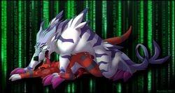 anal anal_sex canine canine_penis cum digimon doggy_style garurumon gay guilmon knot male male/male male_only no_humans penetration penis rarakie scalie sheath the_matrix wolf yaoi