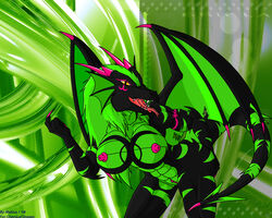 2008 big_breasts black_skin breasts chemicaldragon dragon female green_background green_skin horns looking_at_viewer mobius1 nipples pussy scalie solo tongue wings yellow_eyes