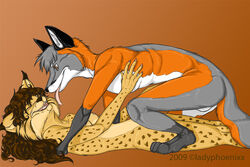 anthro balls breasts canine closed_eyes feline female fox fur furry grey_fox ladyphoenixx licking lynx male nude on_back sex straight tongue