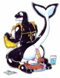 anal anal_insertion anal_vore anthro anus apron ass breasts cetacean chubby female fish insertion kneeling marine naked_apron orca pussy raised_tail schwertwal sideboob solo tail vore