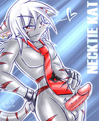 1boy balls barbs blush ear_piercing earring erection feline fingerless_gloves gloves grey hair half-closed_eyes heart katsuke katsuke_(character) looking_at_viewer male male_only necktie nude penis piercing red red_eyes sheath solo standing stripes tail white_hair