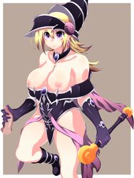 bare_shoulders black_gloves blonde_hair blush_stickers boots breasts choker duel_monster elbow_gloves female gloves handjob hat highres kumo-g large_breasts leotard long_hair magi_magi_magician_gal magic_penis nipples o-ring_top penis purple_eyes wand yu-gi-oh! yuu-gi-ou_duel_monsters