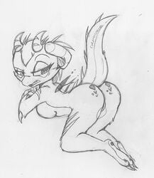 anthro ass breasts cokuruscana dragon female from_behind furry looking_back midnight monochrome pussy raised_tail scalie sekrei sketch solo tail vashtaal