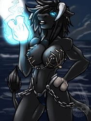 anthro barrin84 black_hair blue_eyes bovine breasts chains death_knight female furry hair horns nimzana skimpy solo tail tauren tauren_female warcraft world_of_warcraft