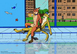 2009 anal anthro blue blue_eyes brown_eyes canine cheetah collar feline fish fox fur furry furry_only gay hair knot konu_eikuku_hentaru male natatorium nuathu pool poolside