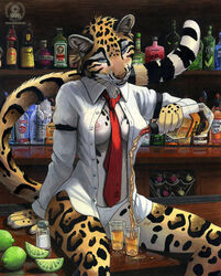 1girls 2009 alcohol anthro armband background bar bartender blue_eyes blush bottles bottomless breasts chest_tuft clouded_leopard cute ear_piercing feline female inviting jägermeister kacey lime looking_at_viewer necktie nipple_slip nipples open_clothes open_shirt panties piercing pouring rosettes salt salt_shaker shirt shot_glass sitting solo spill spots tail tie underwear whiskers white_panties