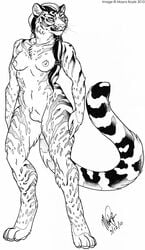 2010 anthro black_and_white breasts digitigrade feline flaccid fur furry hair herm inks intersex long_hair mayra_boyle monochrome navel nude rakshani shamara sheath small_breasts solo standing stripes tail tiger whiskers