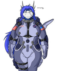 1girls 2010 anthro blue_hair breasts chubby dragon dragonrift dragonrift_(artist) elbow_pads female female_only goggles nasa no_humans reptile scalie solo spacesuit white_background