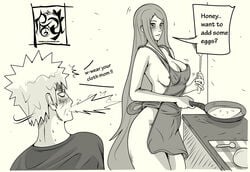 1boy 1girls apron breasts cooking incest indrockz monochrome mother_and_son naked_apron naruto shock surprised uzumaki_kushina uzumaki_naruto