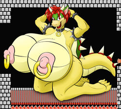 1girls anthro armband arms_behind_head badgerben bowser breasts collar ear_piercing earring fangs female female_only final_boss furry genderswap hair heavy horns hyper hyper_breasts kneeling koopa looking_at_viewer mario_(series) nintendo nipple_piercing nipple_ring nipple_rings nipples nude open_mouth piercing rape_face red_eyes red_hair reptile scalie short_hair solo spiked_tail spikes super_mario_bros. super_mario_bros._(nes) sylvia_(anjuneko) tail video_games yellow