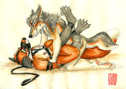 2006 blue_eyes bondage brown_eyes canine chest_tuft claws collar colored couple eye_contact eyes fox fur furry furry_only gay hindpaw java kneeling leash legs_up looking_at_another male muzzle nipples no_humans sex_slave tail white_background wolf