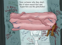 1boy anthro bathroom blood brutal cock_crush color crush death death_by_penis english_text glory_hole gore guro hyper hyper_penis macro penis