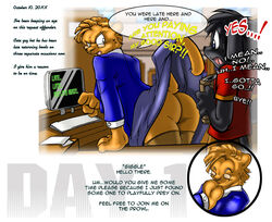 anthro ass book comic computer feline female flashing fur furry giggle glasses gnaw hazel_weiss librarian library lion lioness male skirt the_hunt_in_mid_october upskirt