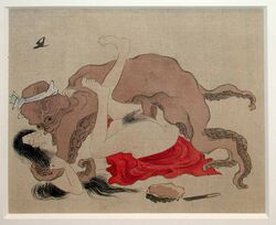 anus clothes female fine_art japan japanese japanese_clothes kemono kimono kissing knife male missionary_position nightmare_fuel octopus oyster penis public_domain pussy sex shunga tentacle traditional_art ukiyo-e vaginal_penetration zoophilia