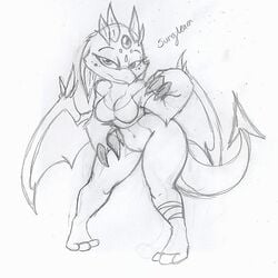 anthro arkei bottomless breasts claws cokuruscana dragon female furry half-closed_eyes horns monochrome pencil pussy scalie sekrei sketch solo sungleam tail thick_thighs wide_hips wings