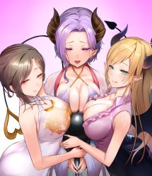 3girls asmr breasts busty cleavage crossover female female_only highres hololive hololive_gen_2 hololive_japan honey_strap hoshara mature_female nanashi_inc. nijisanji saionji_mary sexually_suggestive shirayuki_tomoe succubus virtual_youtuber yuzuki_choco