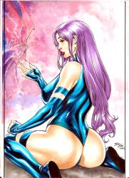 1girls 2022 asian_female ass betsy_braddock big_ass big_breasts color ed_benes_studio female female_ass female_only iago_maia japanese latex_leotard long_hair looking_at_viewer looking_back marvel marvel_comics pinup psylocke purple_hair red_lipstick signature solo solo_female solo_focus straight_hair x-men