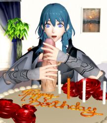 1boy 1girls 3d artist_request byleth_(fire_emblem) byleth_(fire_emblem)_(female) cake female fire_emblem fire_emblem:_three_houses food handjob happy_birthday male nintendo source_request two-handed_handjob xnalara