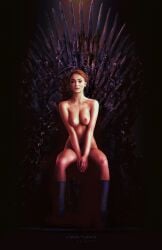 1girls female female_only game_of_thrones iron_throne looking_at_viewer nude real_person red_hair sansa_stark scraped_knee sitting solo sophie_turner throne