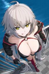 1girls big_breasts bikini busty cleavage fate/grand_order fate_(series) from_above jeanne_alter kamo_ashi large_breasts smile tongue tongue_out