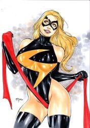 1girls 2018 big_breasts blonde_hair carol_danvers cloth_bondage ed_benes_studio female female_only fully_clothed green_eyes iago_maia latex_gloves latex_leotard latex_thighhighs long_hair looking_at_viewer marvel marvel_comics ms._marvel ms._marvel_(carol_danvers) seductive_look solo solo_female solo_focus