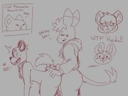 aggressive_retsuko anal asinus barrypark11 black_and_white caught clothing collar donkey duo english_text equid equine fenneko haida hi_res hoodie hyaenid male male/male mammal monochrome retsuko sanrio smooth_fur tadano_(aggretsuko) tail_grab text topwear tsunoda voyeur