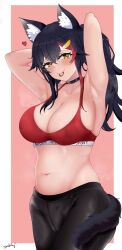 1girls 2022 animal_ears armpits black_hair breasts choker female female_focus female_only hair_ornament hair_tie hair_tie_in_mouth hairclip highres hololive hololive_gamers hololive_japan large_breasts long_hair looking_at_viewer midriff mouth_hold multicolored_hair muscleboii navel ookami_mio pants ponytail presenting_armpit red_hair solo solo_female sports_bra steaming_body streaked_hair tail thanaphondeech1 virtual_youtuber wolf_ears wolf_tail yellow_eyes yoga_pants