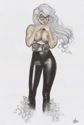 big_breasts black_cat_(marvel) bra bra_down breast_squish breasts breasts_out domino_mask ed_benes_studio felicia_hardy female female_only jefter_leite looking_at_viewer marvel marvel_comics nipples silver_hair spider-man_(series) squished_breasts standing superheroine topless topless_female