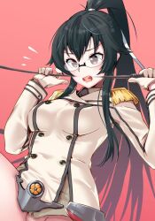 asava_(hutaitenn) bespectacled black_hair black_necktie blush bottomless brown_shirt buttons censored collared_shirt cosplay double-breasted epaulettes female glasses gloves hair_ribbon jacket kantai_collection katori_(kantai_collection)_(cosplay) long_hair mosaic_censoring necktie open_mouth pink_background pink_eyes ponytail ribbon riding_crop rimless_eyewear shirt simple_background solo white_gloves white_ribbon yahagi_(kantai_collection)