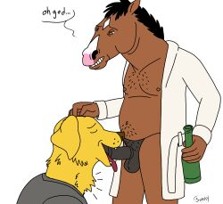 2boys alcoholic_drink animal_genitalia animal_penis anthro anthro_only balls bird_dog bojack_horseman bojack_horseman_(character) bottle canid canine canis caprisunn clothed clothing domestic_dog drunk_sex duo equid equine equine_penis gay genitals hair hi_res holding_head horse hunting_dog labrador looking_pleasured male male/male male_only mammal motion_lines mr._peanutbutter neck_bulge netflix oral oral_penetration partially_clothed penetration penis retriever slightly_chubby speech_bubble tongue tongue_out yaoi