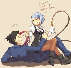 1boy 1girls angry blue_hair blush female franziska_von_karma gyakuten_saiban karuma_mei male malesub naruhodou_ryuuichi phoenix_wright short_hair tagme weee_(raemz) whip wholesome